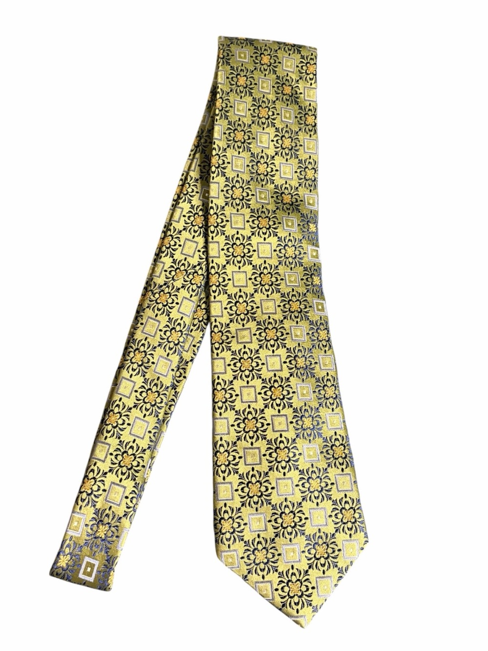 Nordstrom Green, Yellow Tie with Navy Floral and Geometric Motif